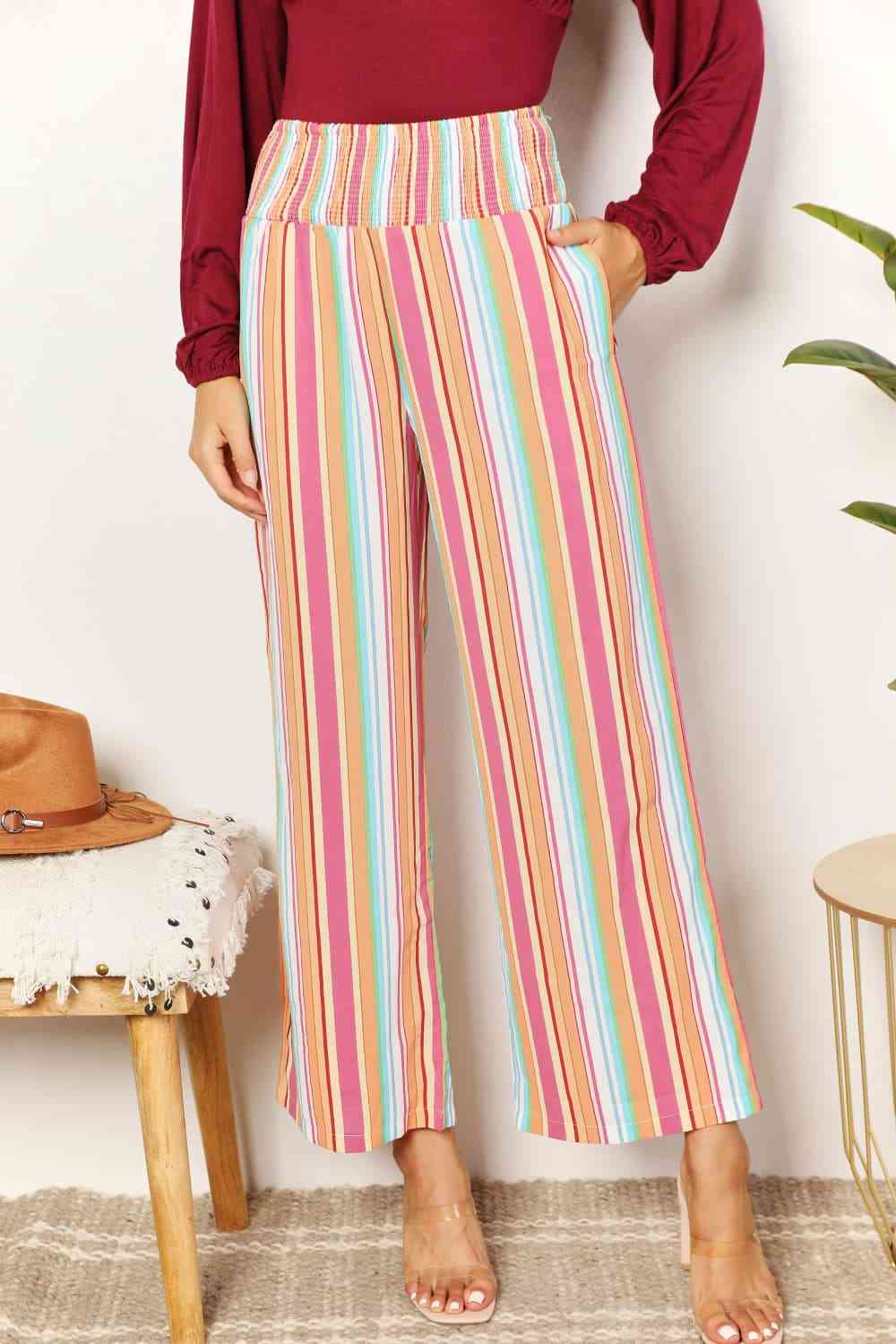 Double Take Striped Smocked Waist Pants with Pockets - TikTok - Multicolor - Bella Bourget