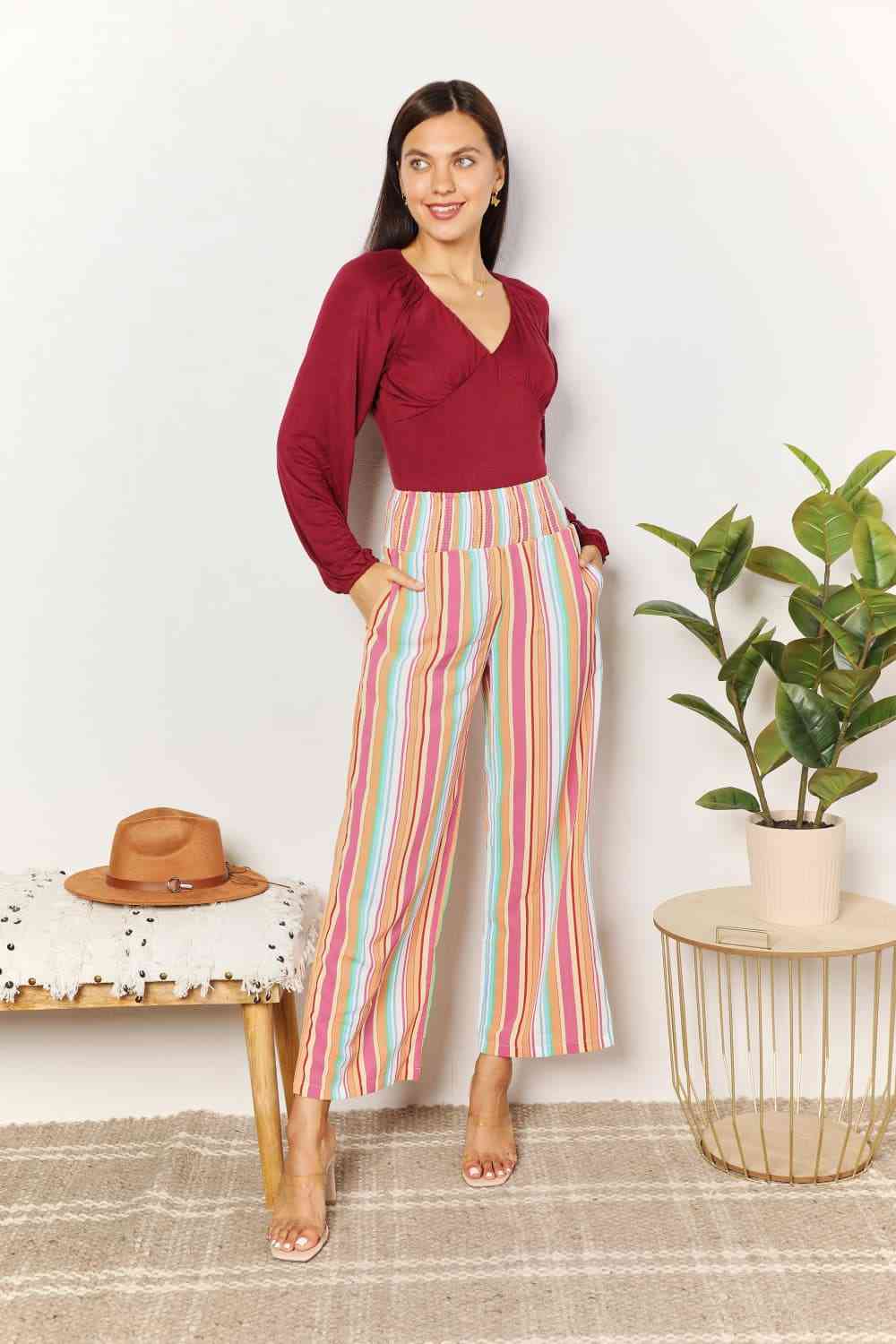 Double Take Striped Smocked Waist Pants with Pockets - TikTok - Multicolor - Bella Bourget