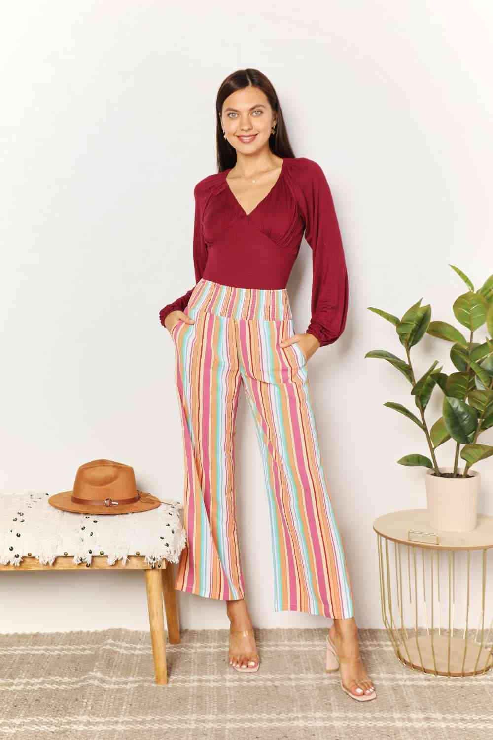 Double Take Striped Smocked Waist Pants with Pockets - TikTok - Multicolor - Bella Bourget