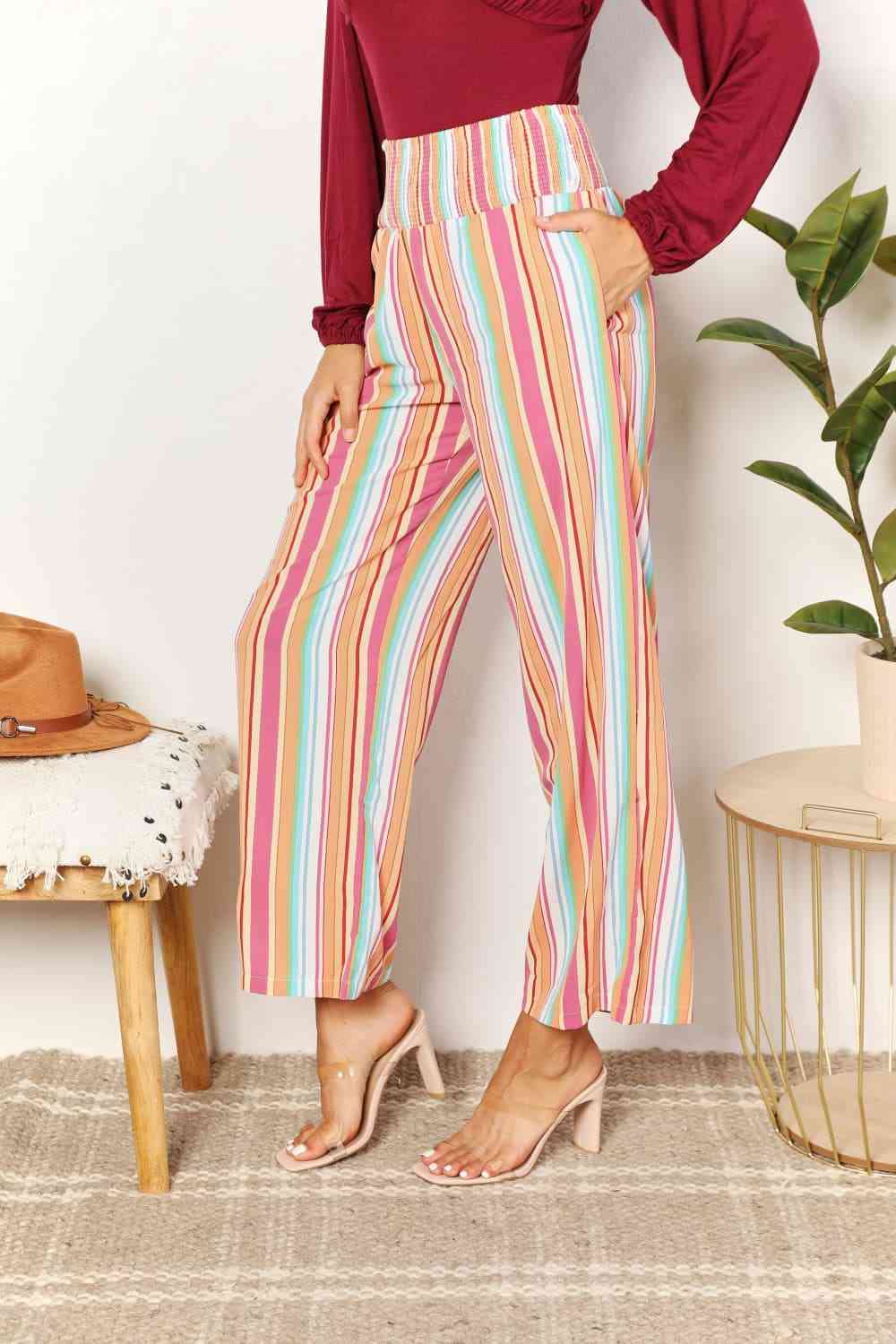 Double Take Striped Smocked Waist Pants with Pockets - TikTok - Multicolor - Bella Bourget