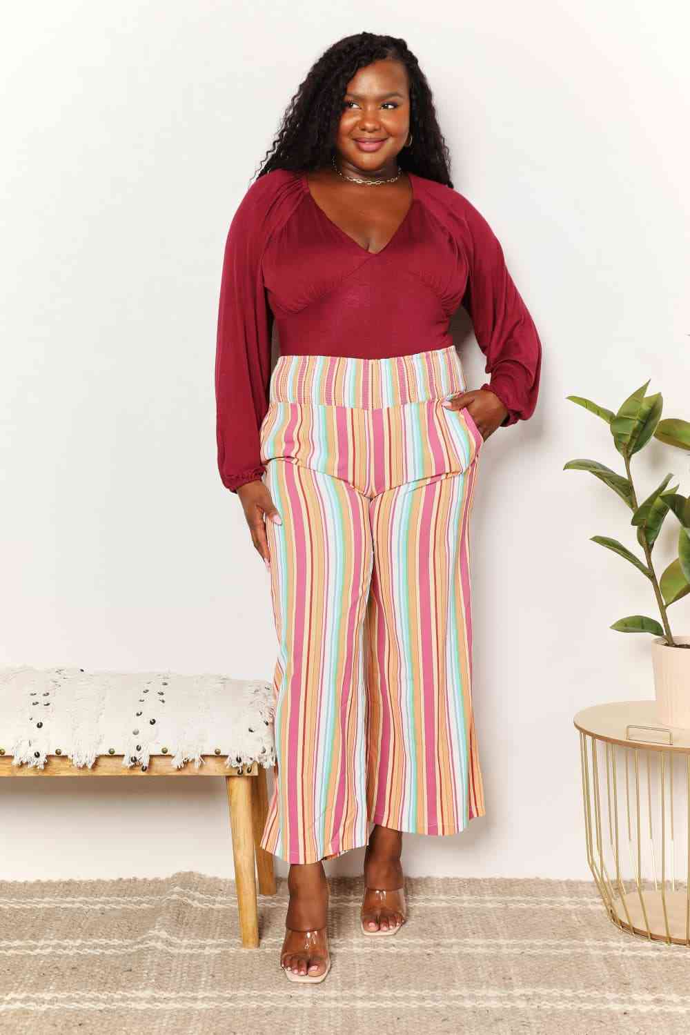 Double Take Striped Smocked Waist Pants with Pockets - TikTok - Multicolor - Bella Bourget