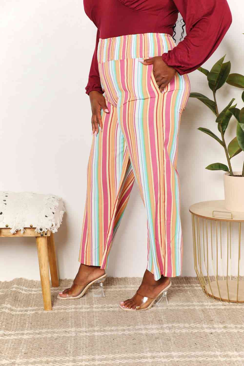 Double Take Striped Smocked Waist Pants with Pockets - TikTok - Multicolor - Bella Bourget