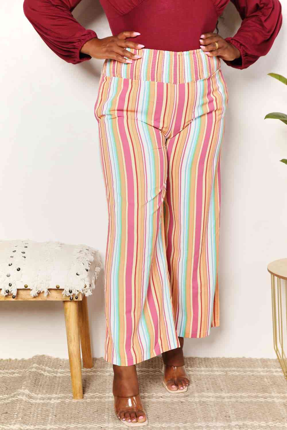 Double Take Striped Smocked Waist Pants with Pockets - TikTok - Multicolor - Bella Bourget