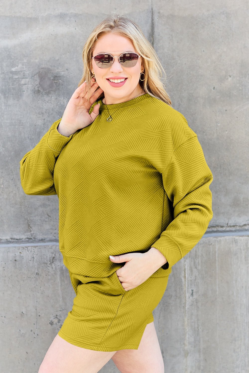 Double Take Texture Long Sleeve Top and Drawstring Shorts Set - Set - Chartreuse - Bella Bourget