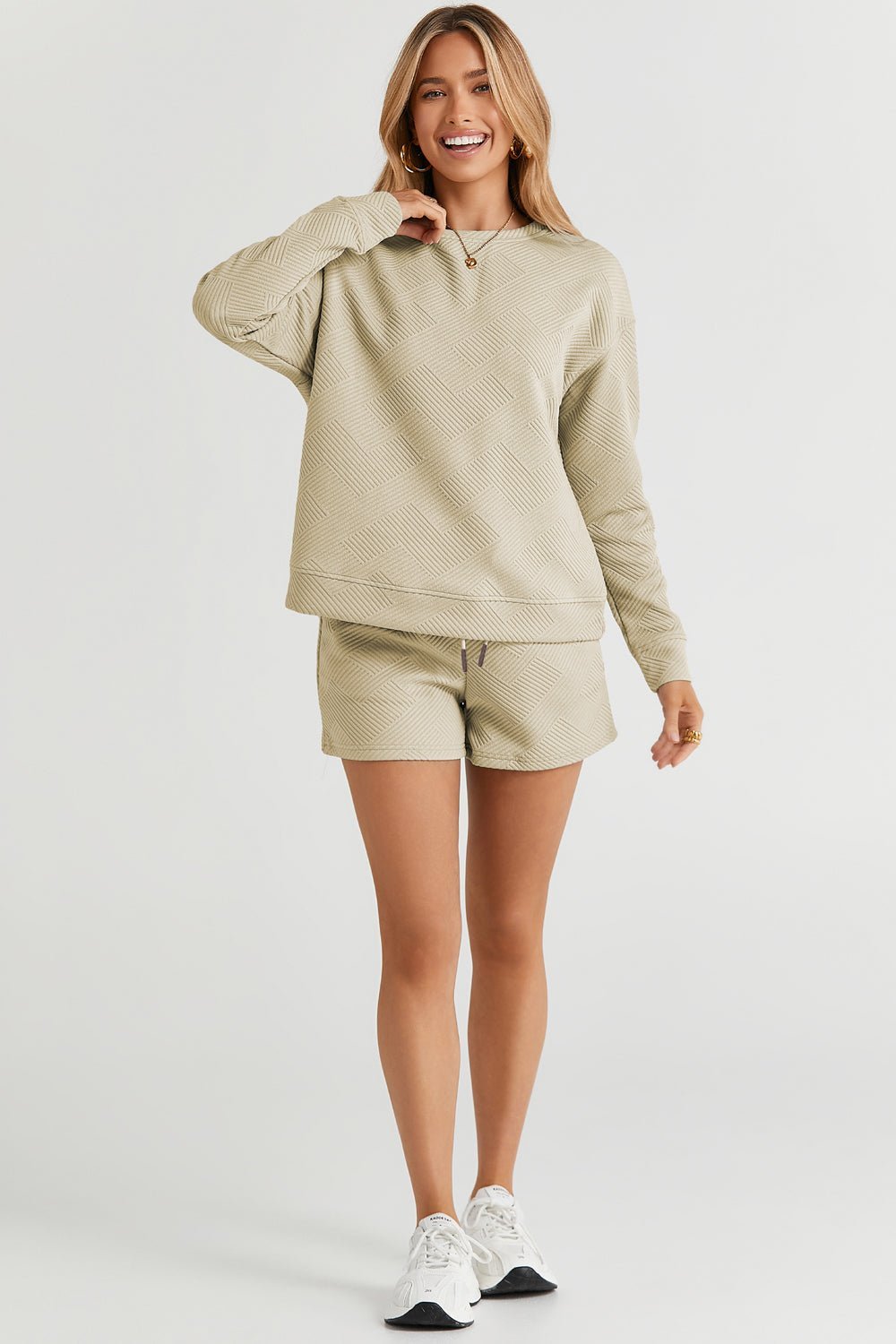 Double Take Texture Long Sleeve Top and Drawstring Shorts Set - Set - Tan - Bella Bourget