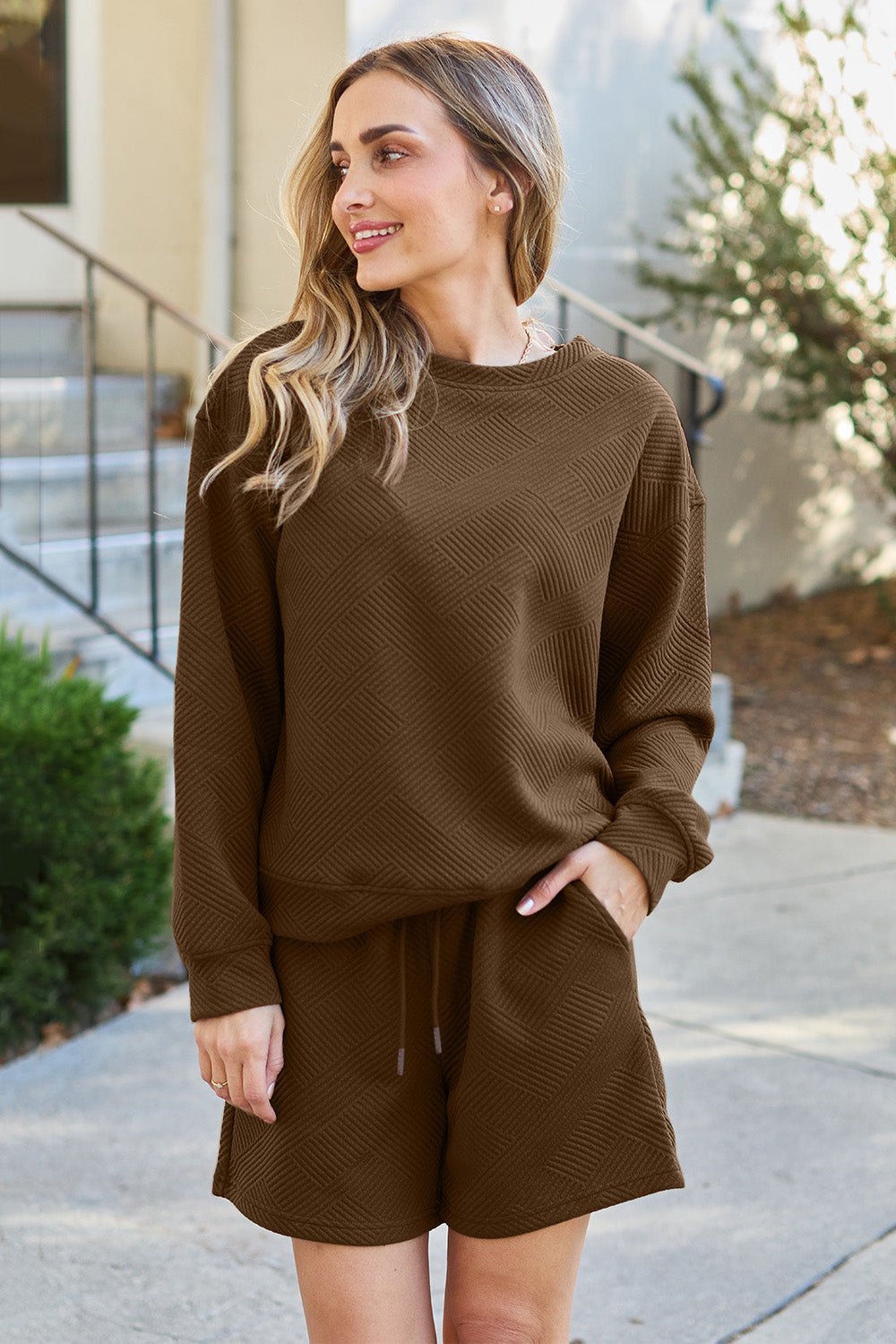 Double Take Texture Long Sleeve Top and Drawstring Shorts Set - Set - Chestnut - Bella Bourget