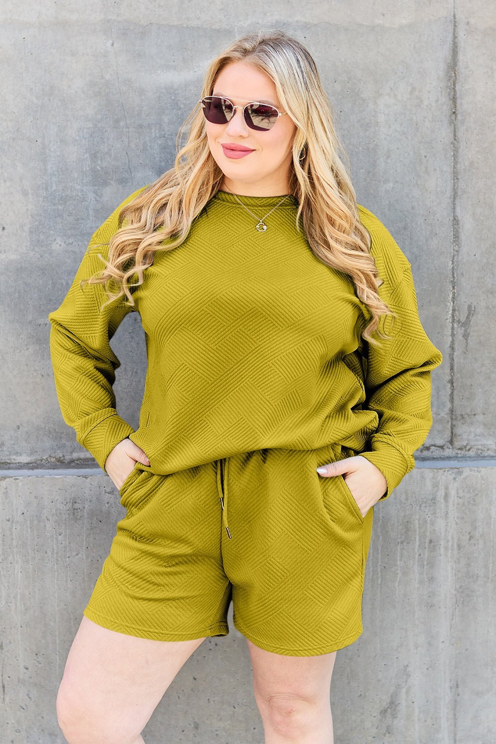 Double Take Texture Long Sleeve Top and Drawstring Shorts Set - Set - Chartreuse - Bella Bourget