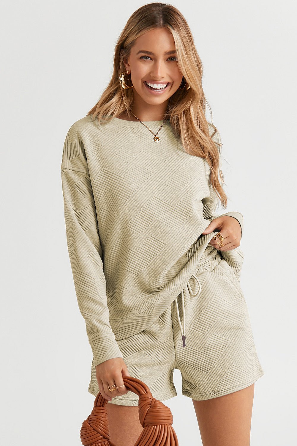 Double Take Texture Long Sleeve Top and Drawstring Shorts Set - Set - Tan - Bella Bourget