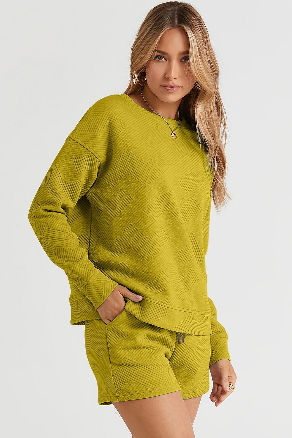 Double Take Texture Long Sleeve Top and Drawstring Shorts Set - Set - Chartreuse - Bella Bourget