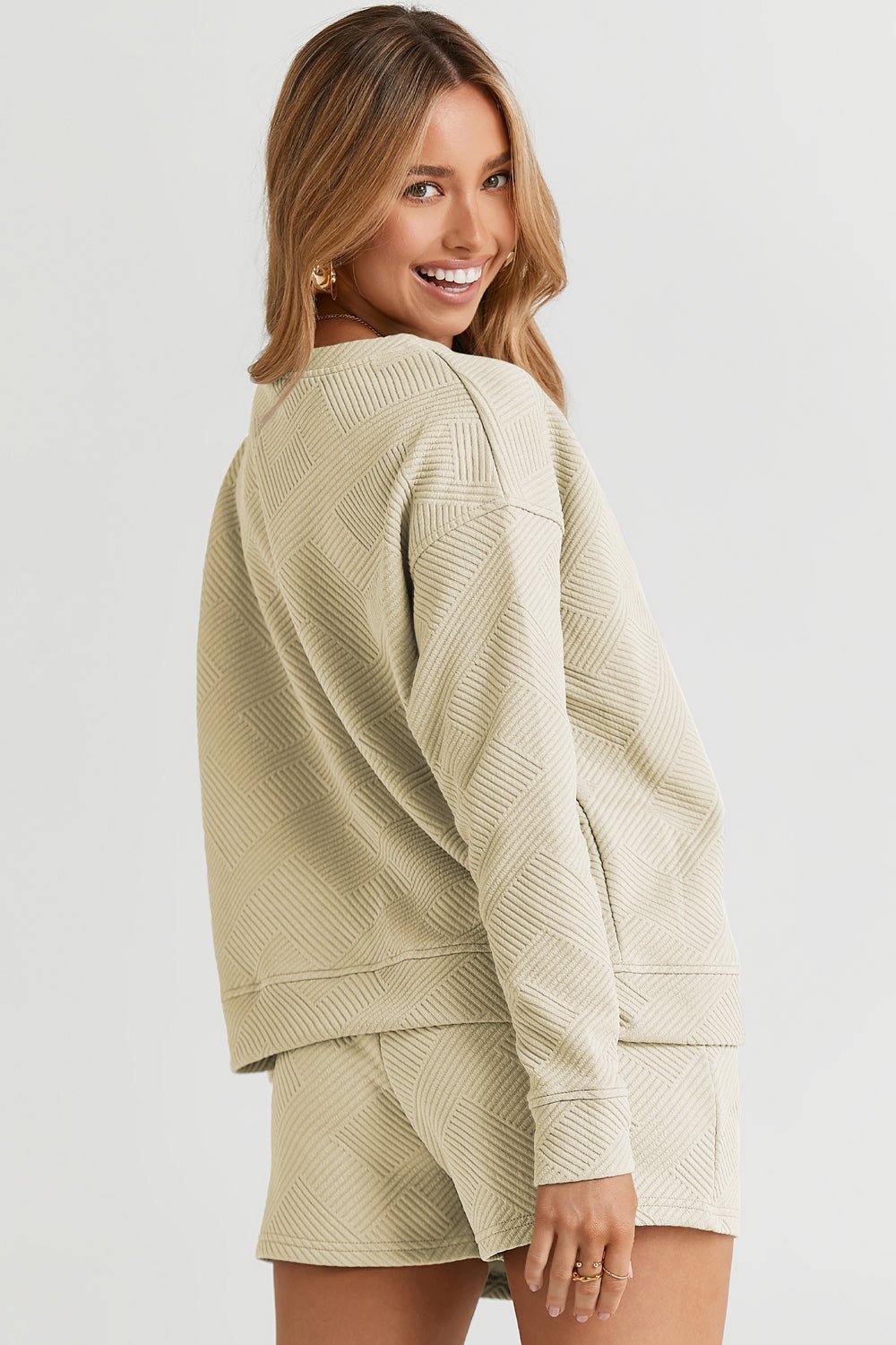 Double Take Texture Long Sleeve Top and Drawstring Shorts Set - Set - Tan - Bella Bourget