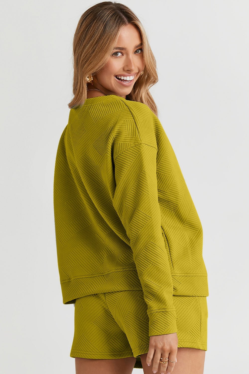 Double Take Texture Long Sleeve Top and Drawstring Shorts Set - Set - Chartreuse - Bella Bourget