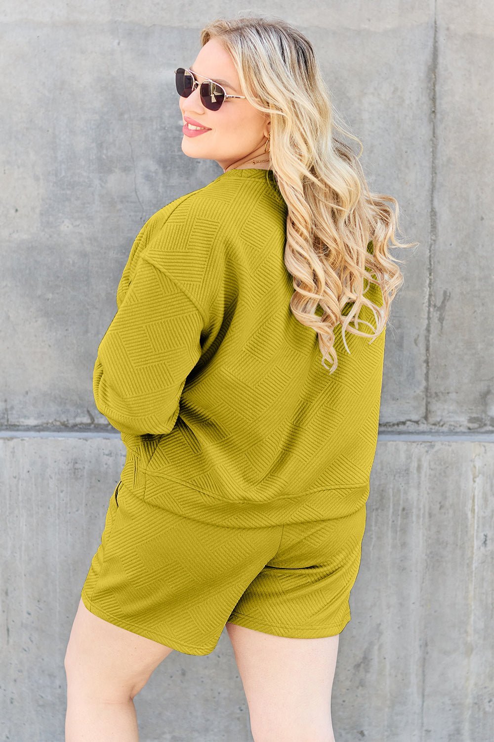 Double Take Texture Long Sleeve Top and Drawstring Shorts Set - Set - Chartreuse - Bella Bourget