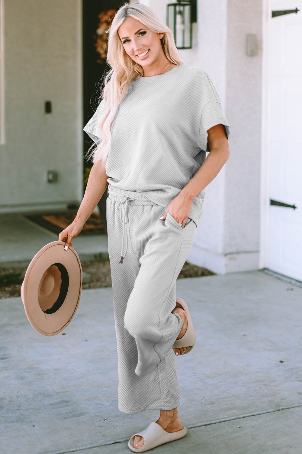 Double Take Texture Short Sleeve Top and Pants Set (all sizes) - Set - Cloudy Blue - Bella Bourget