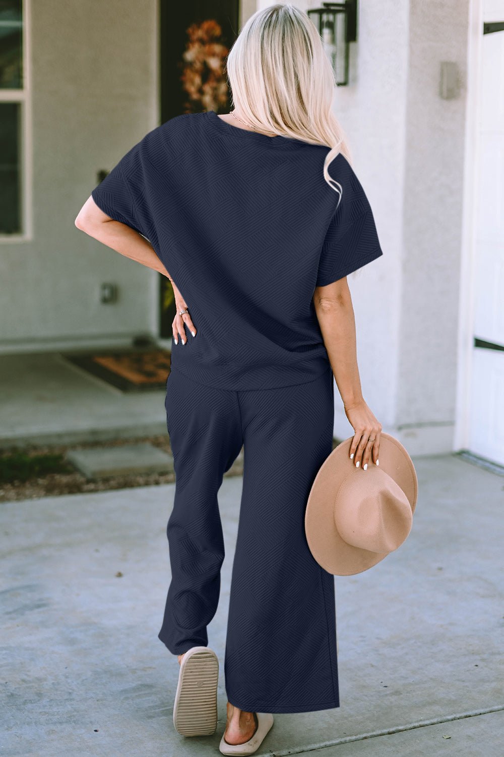 Double Take Texture Short Sleeve Top and Pants Set (all sizes) - Set - Navy - Bella Bourget