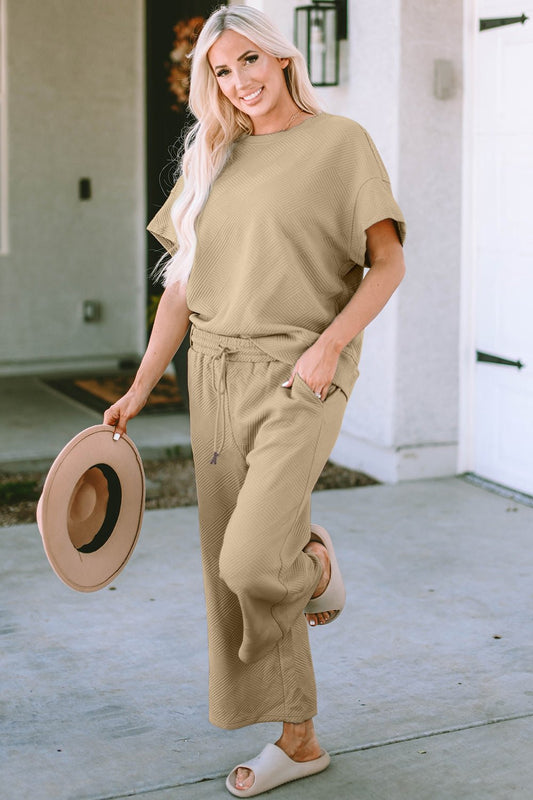 Double Take Texture Short Sleeve Top and Pants Set (all sizes) - Set - Camel - Bella Bourget