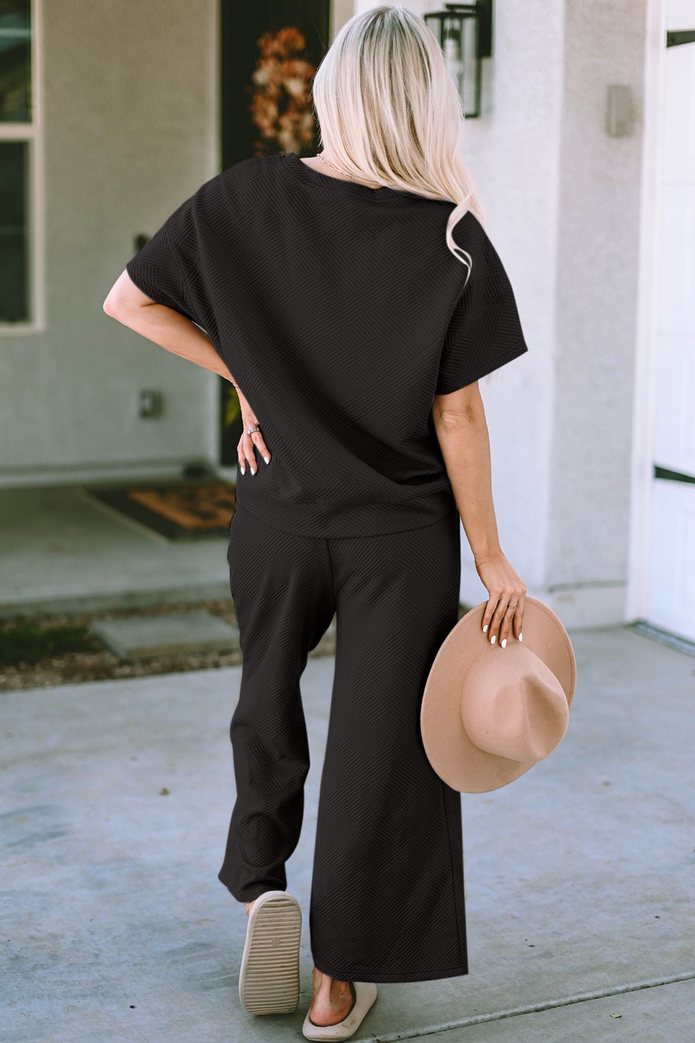 Double Take Texture Short Sleeve Top and Pants Set (all sizes) - Set - Black - Bella Bourget