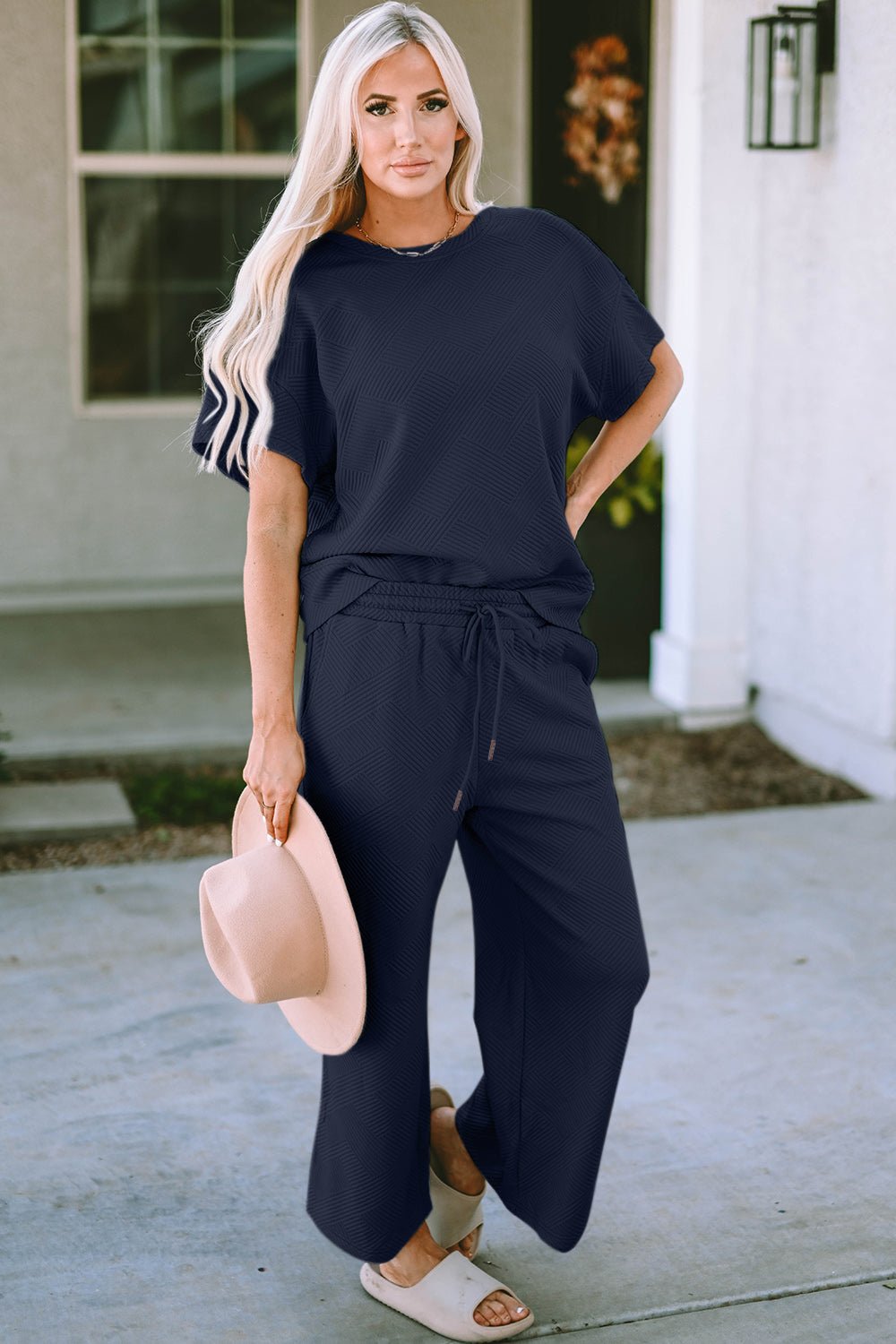 Double Take Texture Short Sleeve Top and Pants Set (all sizes) - Set - Navy - Bella Bourget