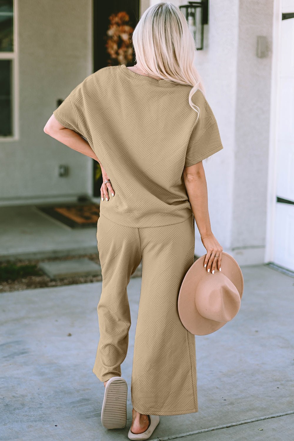 Double Take Texture Short Sleeve Top and Pants Set (all sizes) - Set - Camel - Bella Bourget