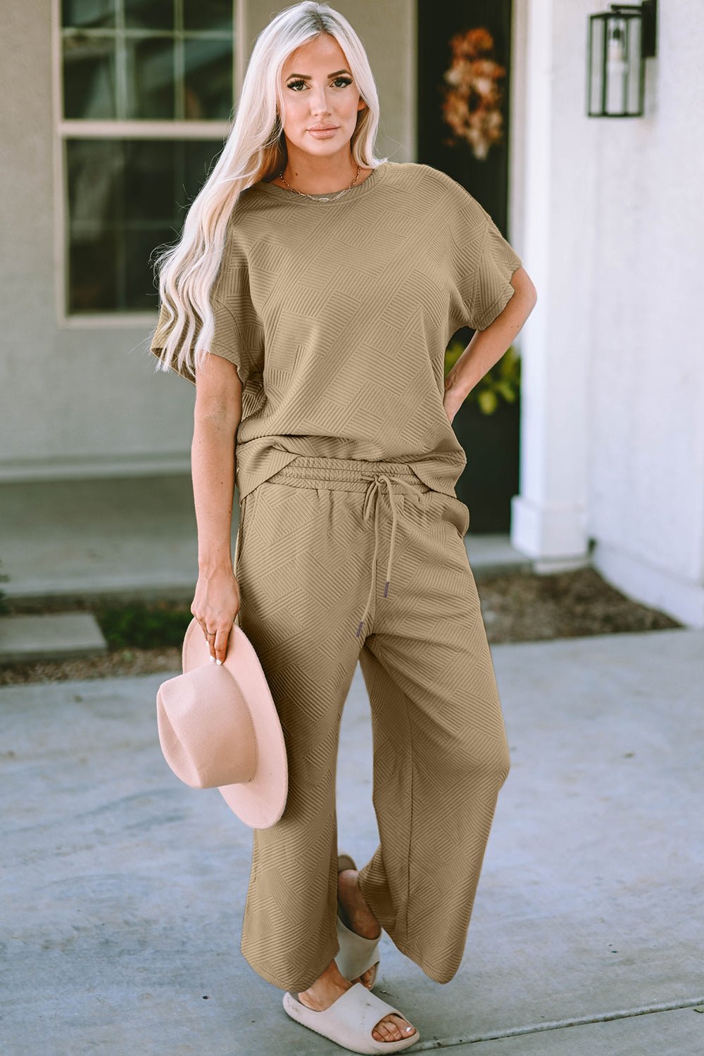 Double Take Texture Short Sleeve Top and Pants Set (all sizes) - Set - Camel - Bella Bourget