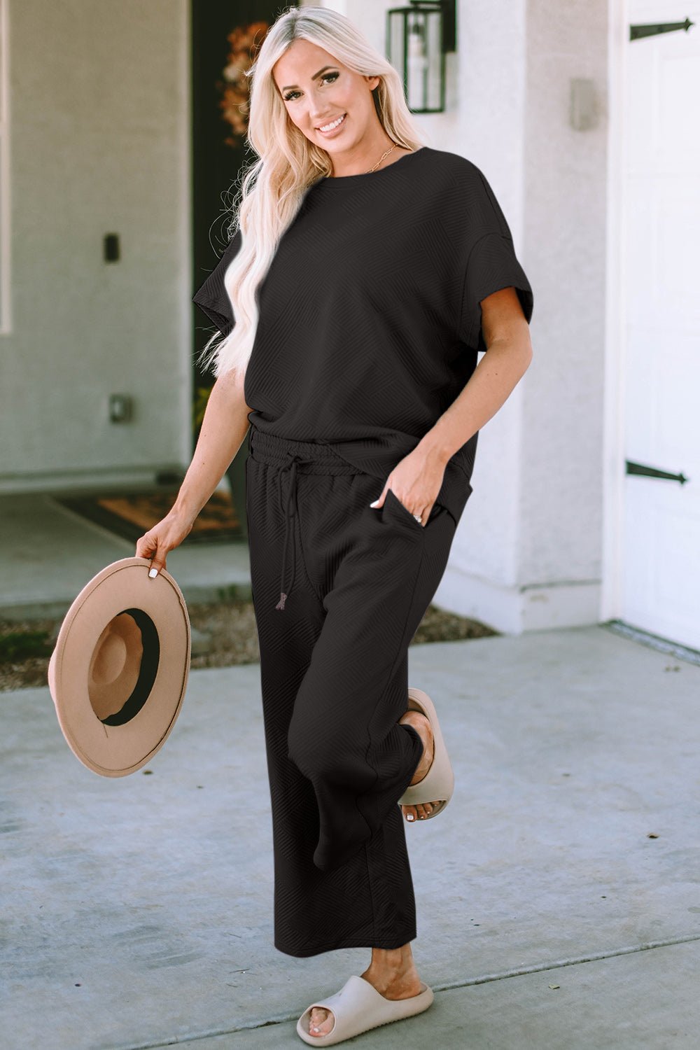 Double Take Texture Short Sleeve Top and Pants Set (all sizes) - Set - Black - Bella Bourget