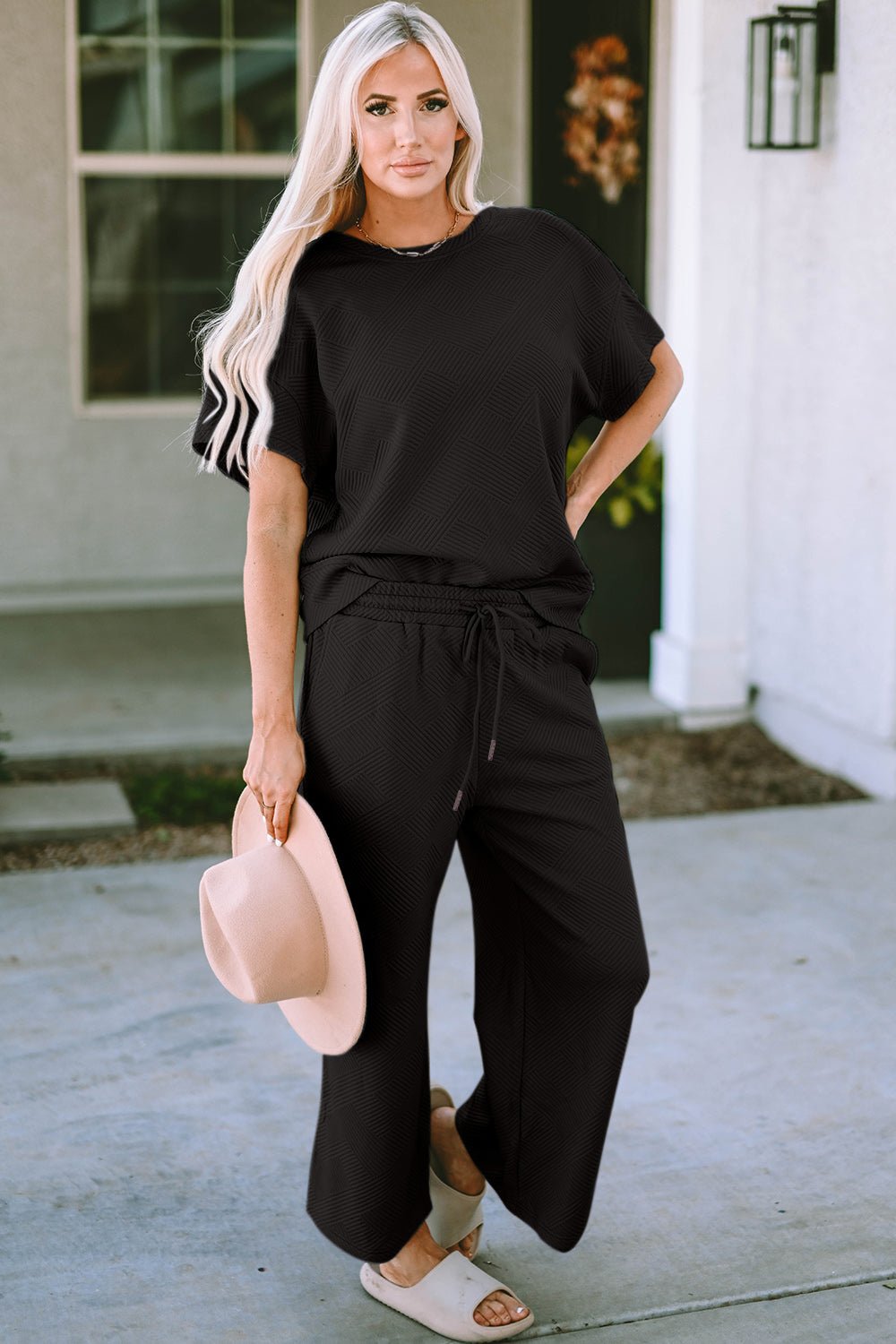 Double Take Texture Short Sleeve Top and Pants Set (all sizes) - Set - Black - Bella Bourget