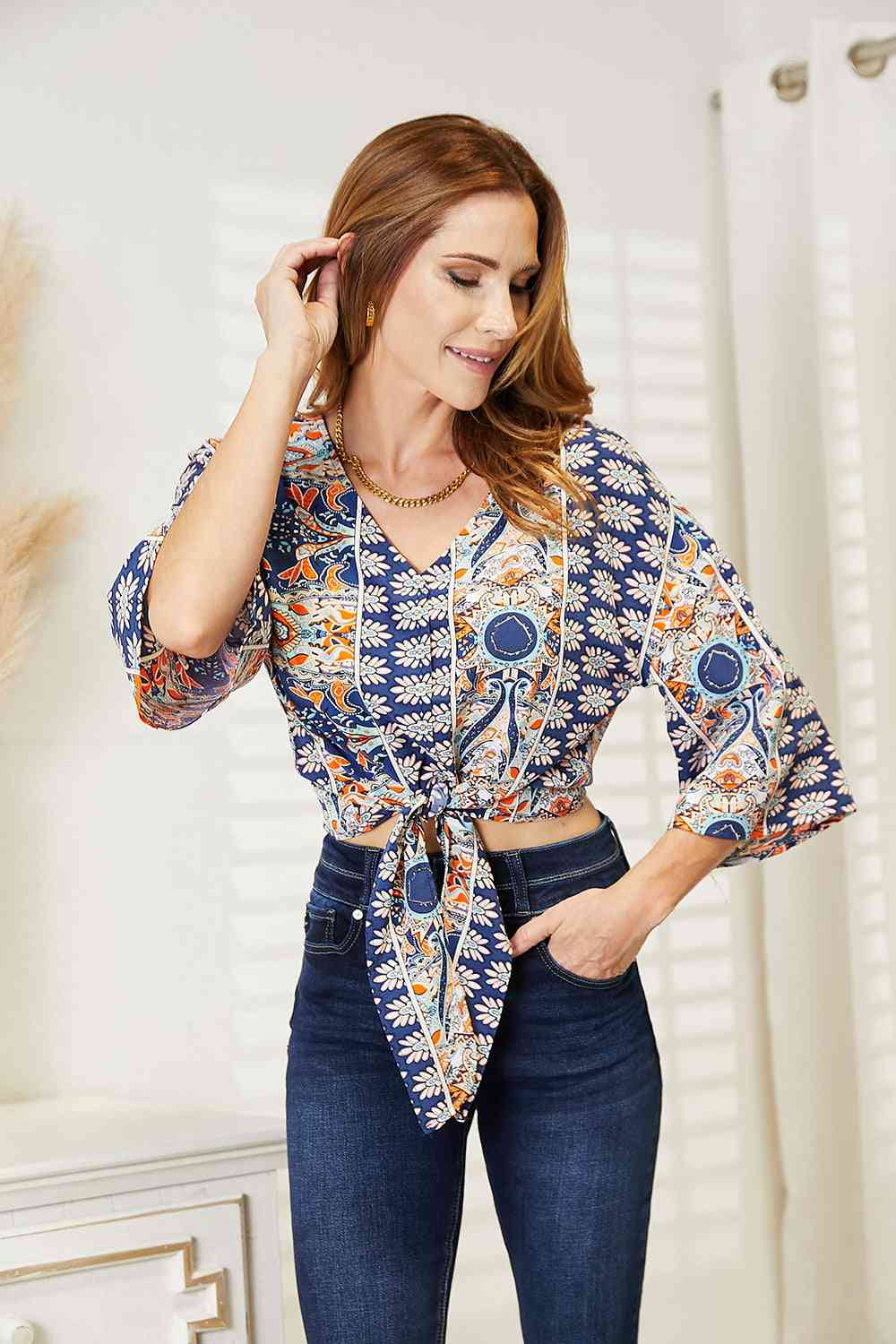 Double Take Tie Hem V - Neck Three - Quarter Sleeve Blouse - Blouse - Navy - Bella Bourget