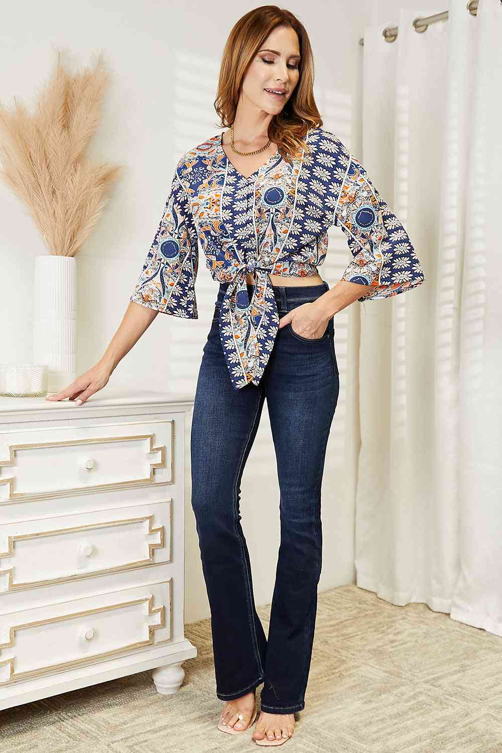 Double Take Tie Hem V - Neck Three - Quarter Sleeve Blouse - Blouse - Navy - Bella Bourget