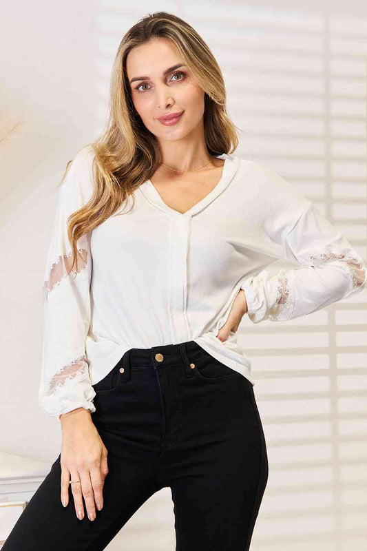 Double Take V - Neck Dropped Shoulder Blouse - Blouse - White - Bella Bourget