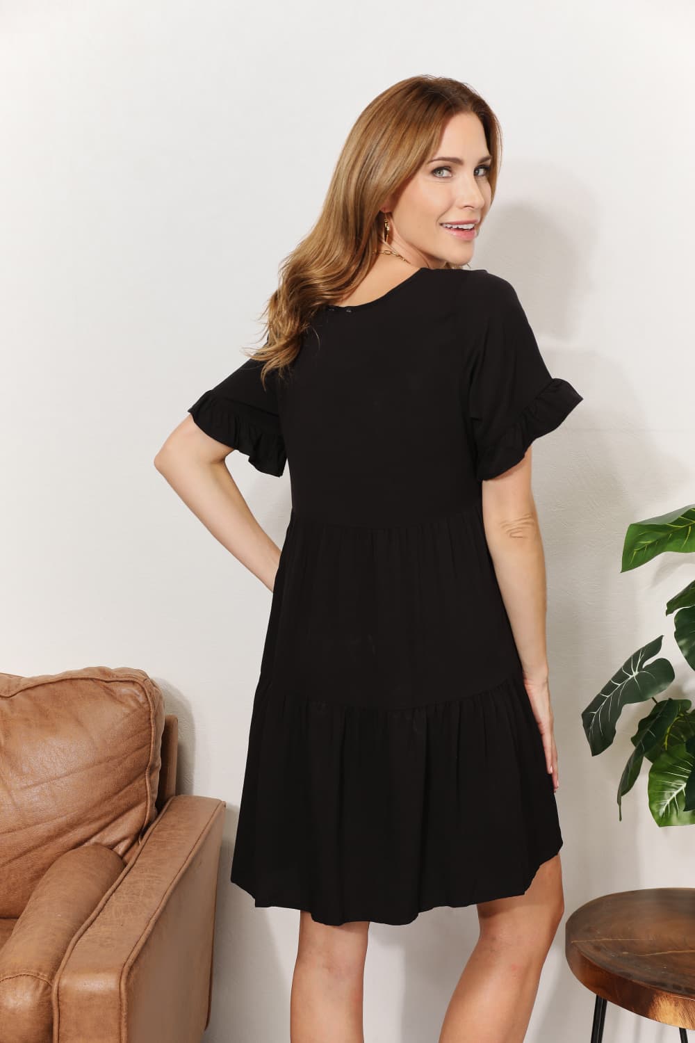 Double Take V - Neck Flounce Sleeve Tiered Dress - Dress - Black - Bella Bourget