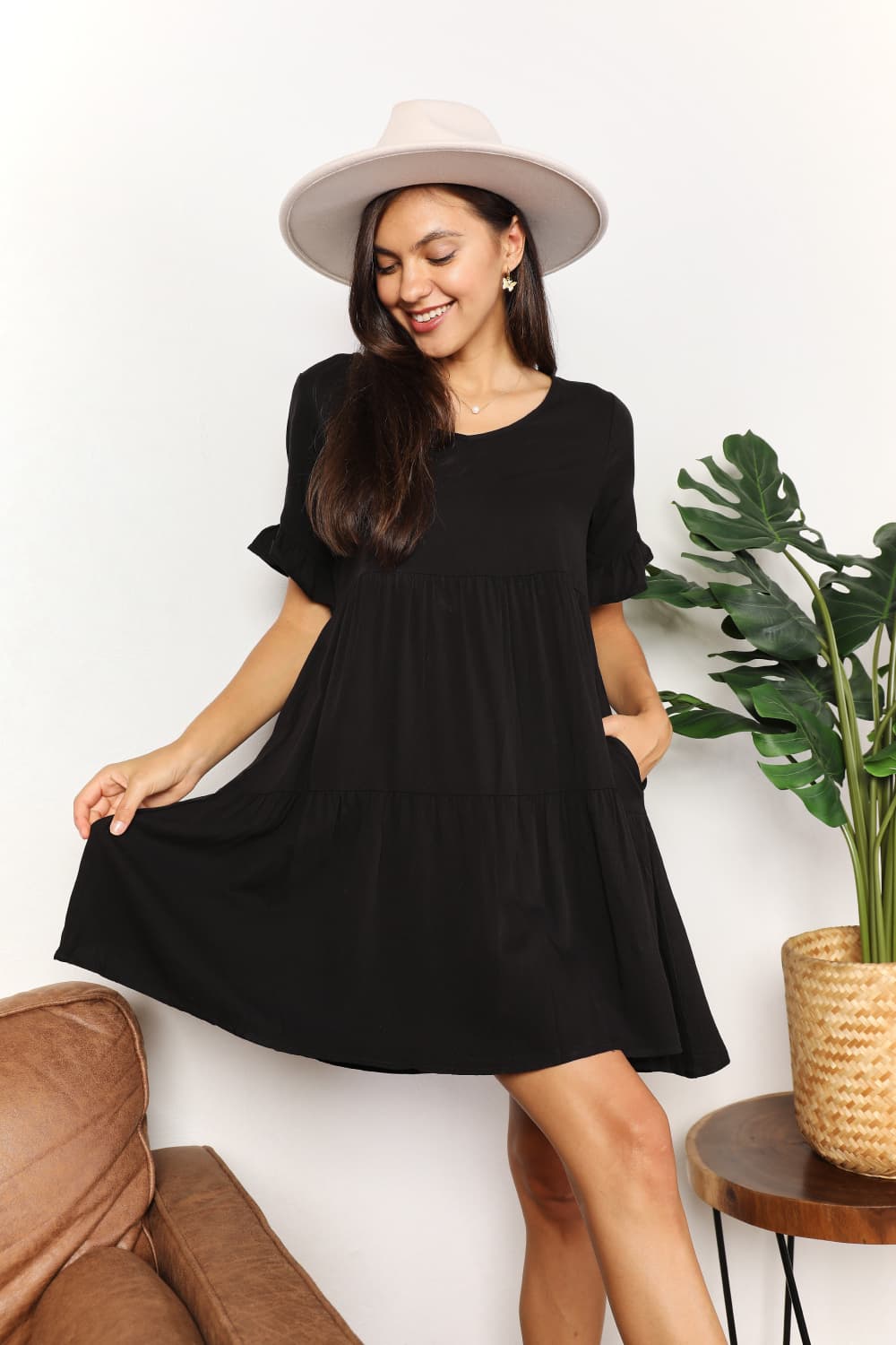 Double Take V - Neck Flounce Sleeve Tiered Dress - Dress - Black - Bella Bourget