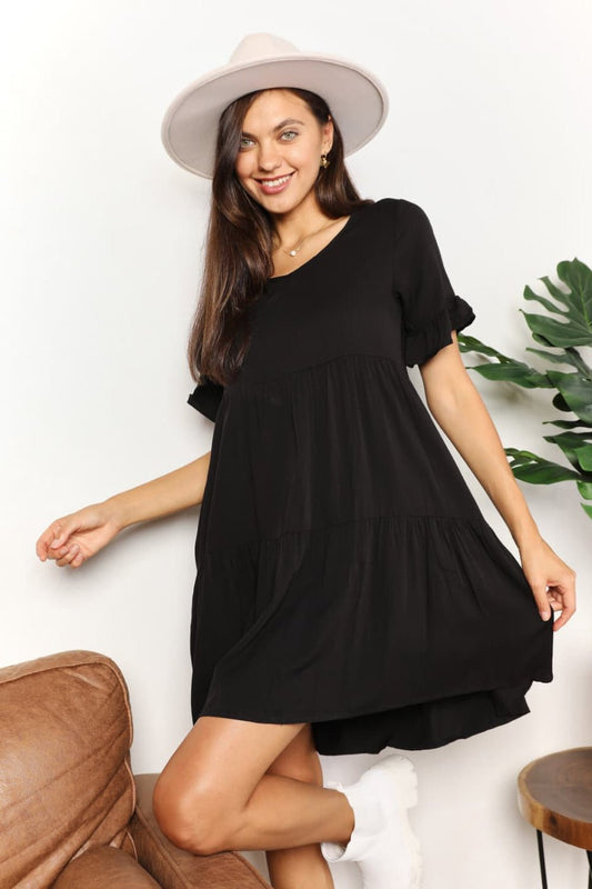 Double Take V - Neck Flounce Sleeve Tiered Dress - Dress - Black - Bella Bourget