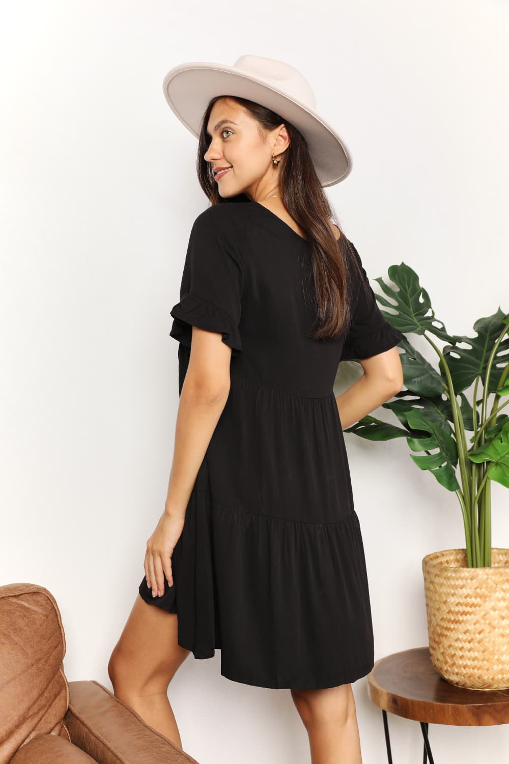 Double Take V - Neck Flounce Sleeve Tiered Dress - Dress - Black - Bella Bourget