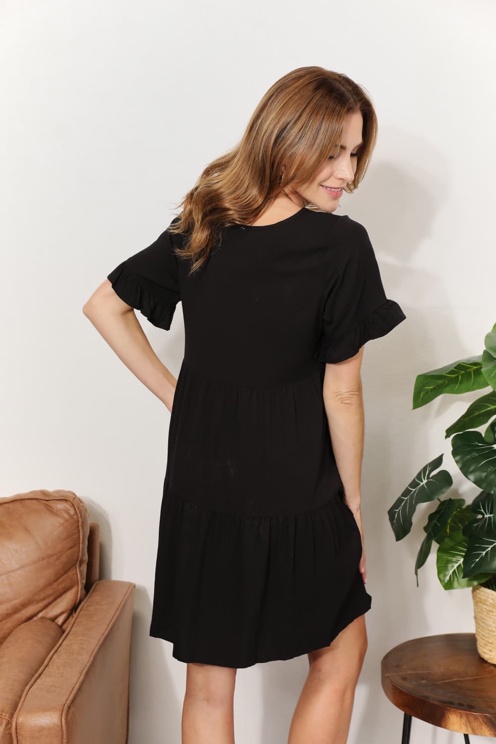 Double Take V - Neck Flounce Sleeve Tiered Dress - Dress - Black - Bella Bourget