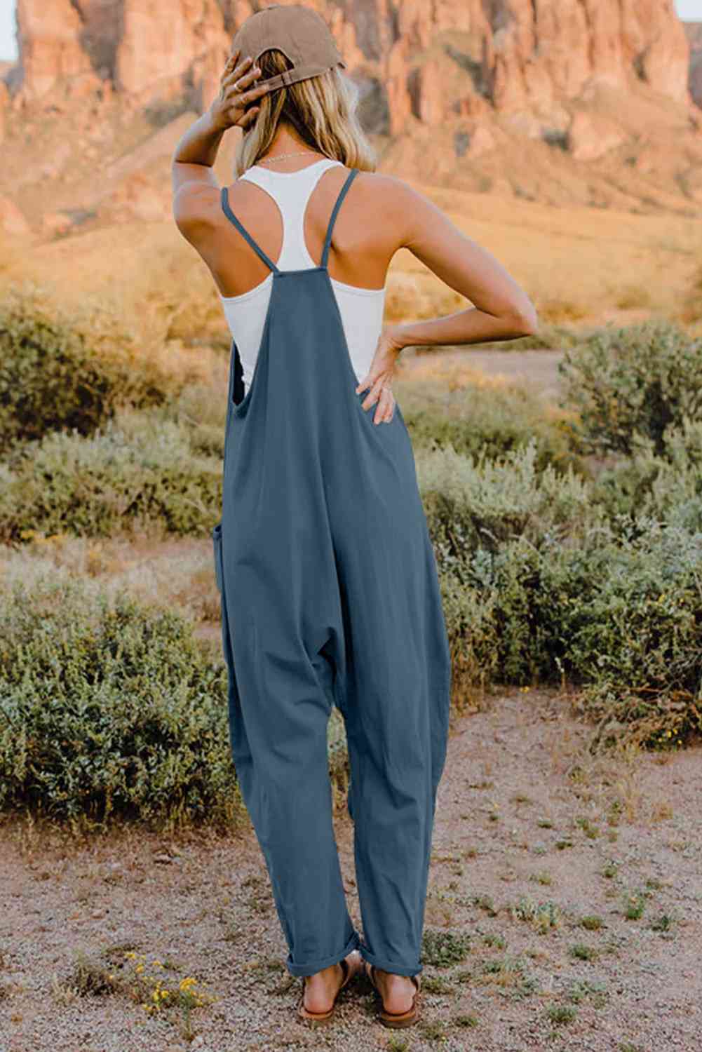 Double Take V - Neck Sleeveless Jumpsuit with Pocket - Overalls - Peacock Blue - Bella Bourget