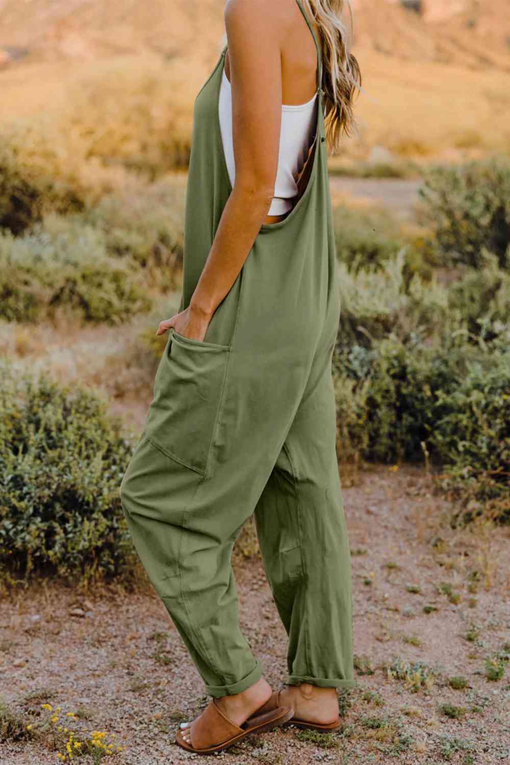 Double Take V - Neck Sleeveless Jumpsuit with Pocket - Overalls - Army Green - Bella Bourget