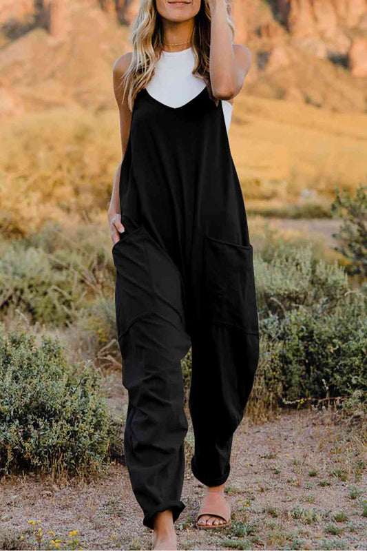 Double Take V - Neck Sleeveless Jumpsuit with Pocket - Overalls - Black - Bella Bourget
