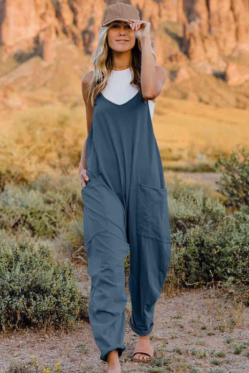 Double Take V - Neck Sleeveless Jumpsuit with Pocket - Overalls - Peacock Blue - Bella Bourget