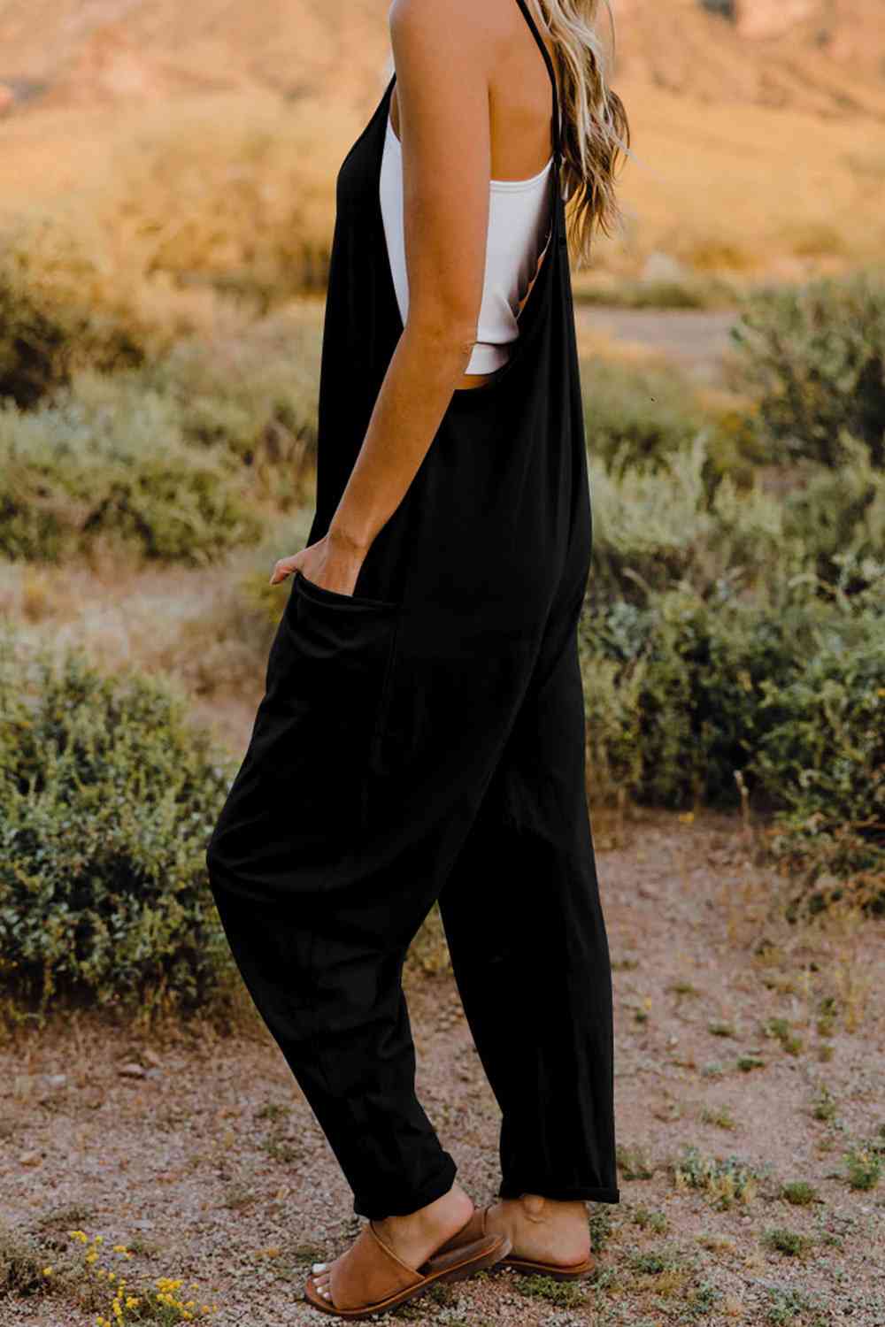 Double Take V - Neck Sleeveless Jumpsuit with Pocket - Overalls - Black - Bella Bourget