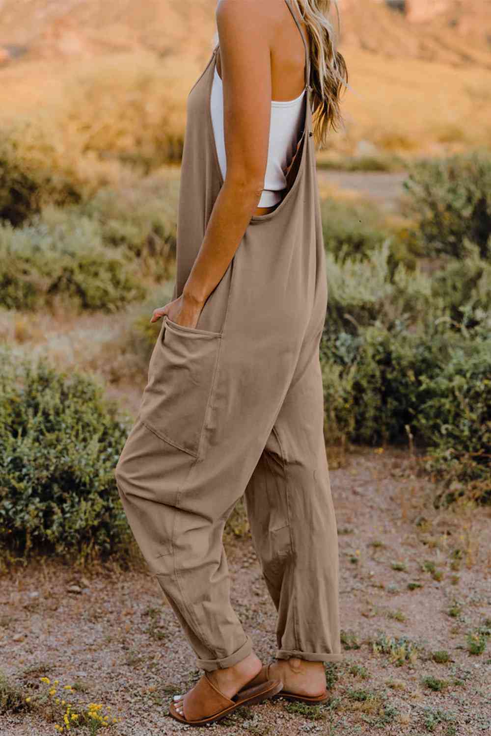 Double Take V - Neck Sleeveless Jumpsuit with Pocket - Overalls - Tan - Bella Bourget