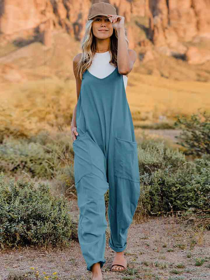 Double Take V - Neck Sleeveless Jumpsuit with Pocket - Overalls - Azure - Bella Bourget