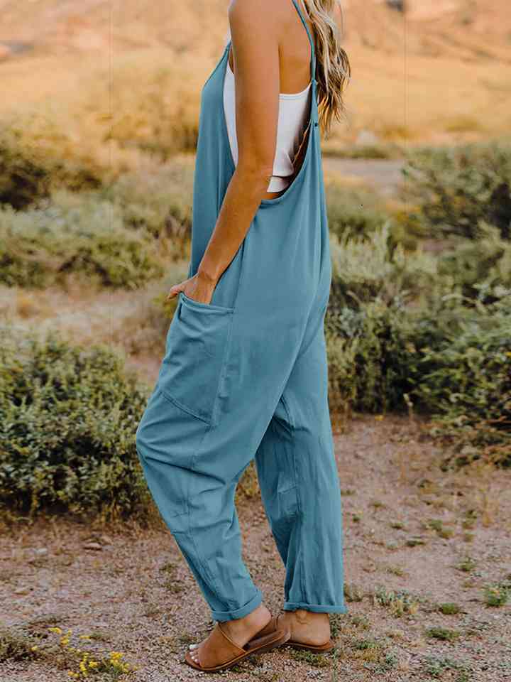 Double Take V - Neck Sleeveless Jumpsuit with Pocket - Overalls - Azure - Bella Bourget