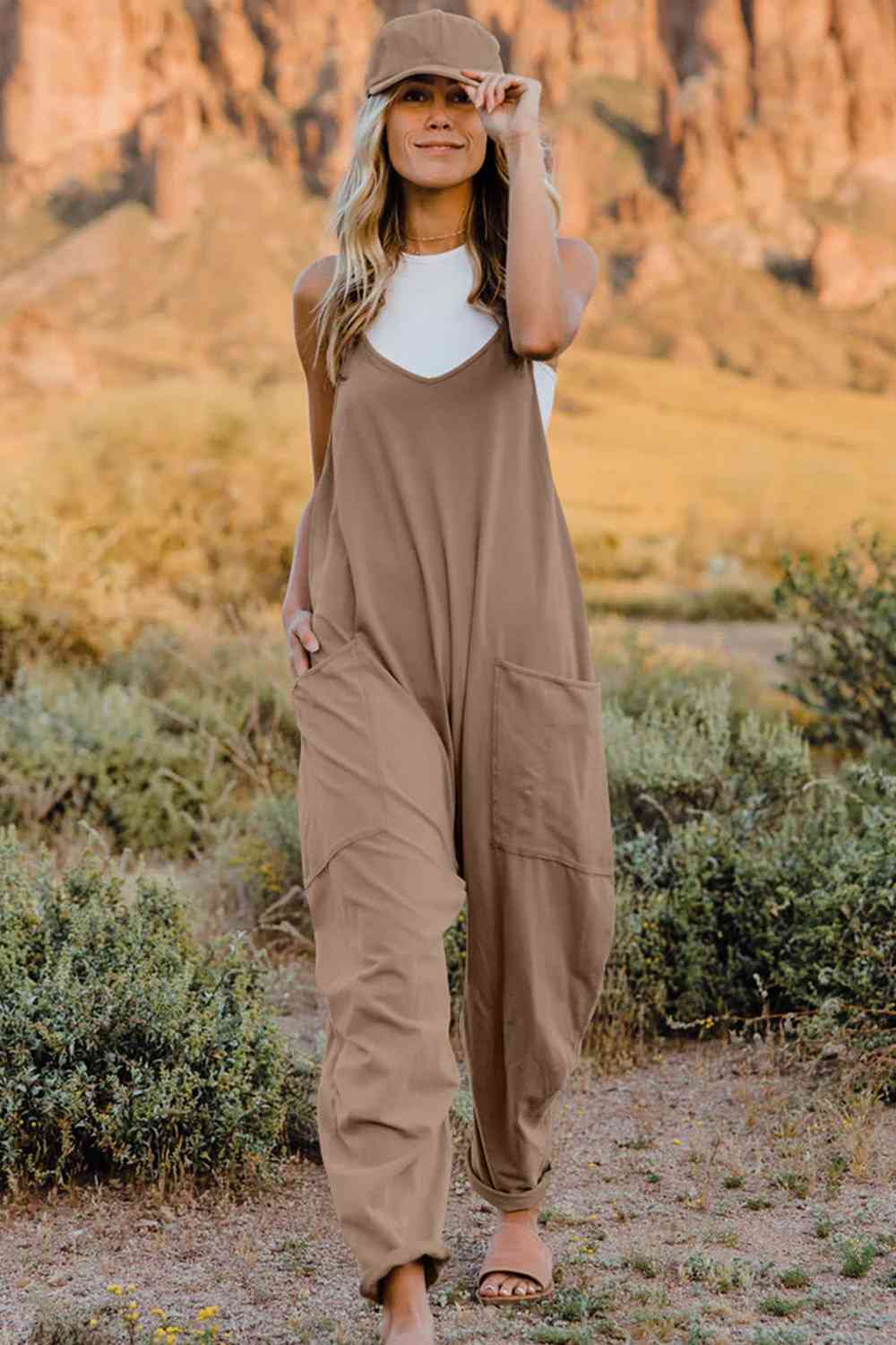 Double Take V - Neck Sleeveless Jumpsuit with Pocket - Overalls - Tan - Bella Bourget