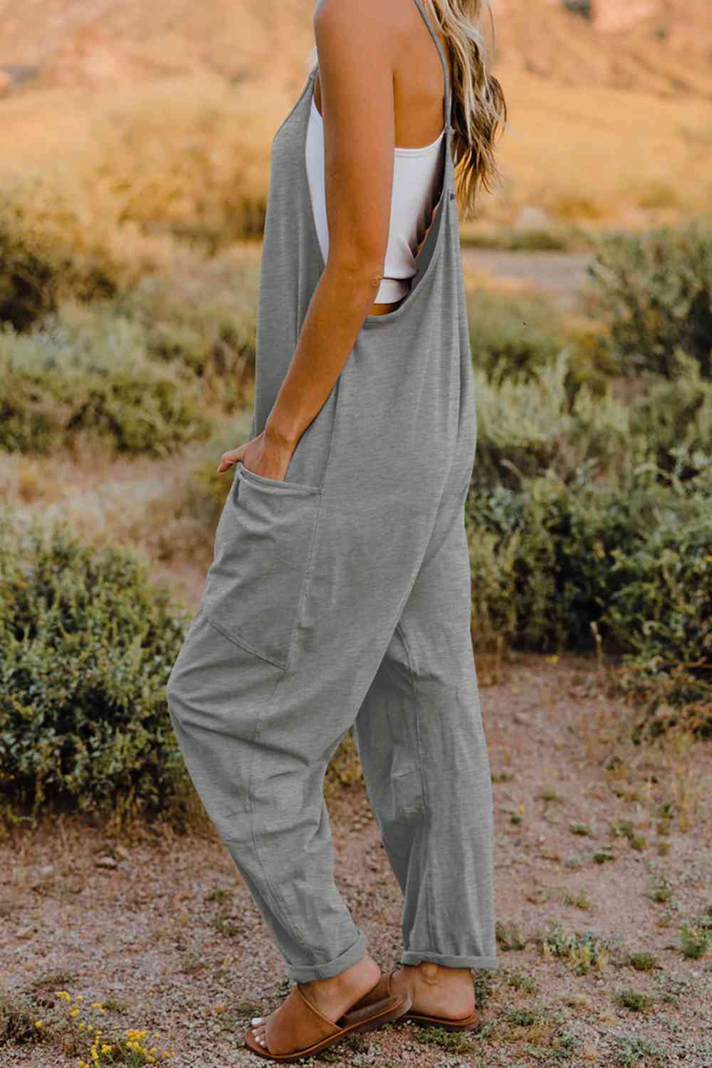 Double Take V - Neck Sleeveless Jumpsuit with Pocket - Overalls - Light Gray - Bella Bourget