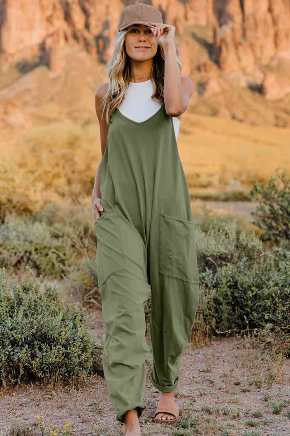 Double Take V - Neck Sleeveless Jumpsuit with Pocket - Overalls - Army Green - Bella Bourget