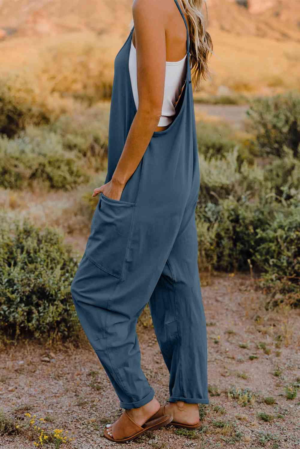 Double Take V - Neck Sleeveless Jumpsuit with Pocket - Overalls - Peacock Blue - Bella Bourget