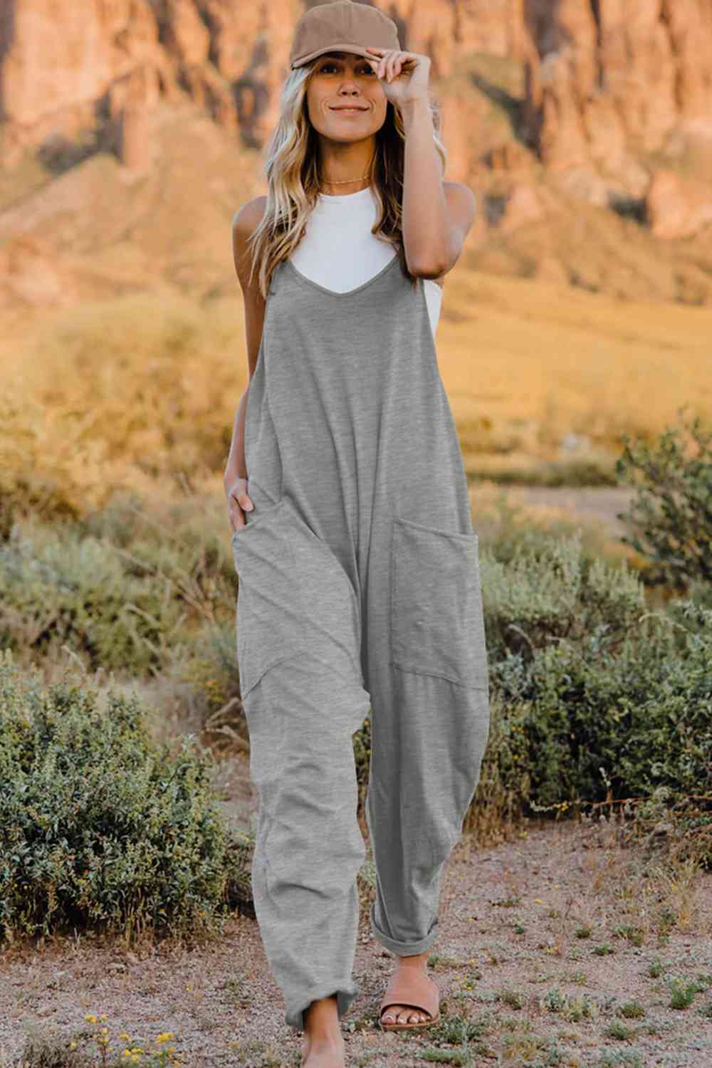 Double Take V - Neck Sleeveless Jumpsuit with Pocket - Overalls - Light Gray - Bella Bourget