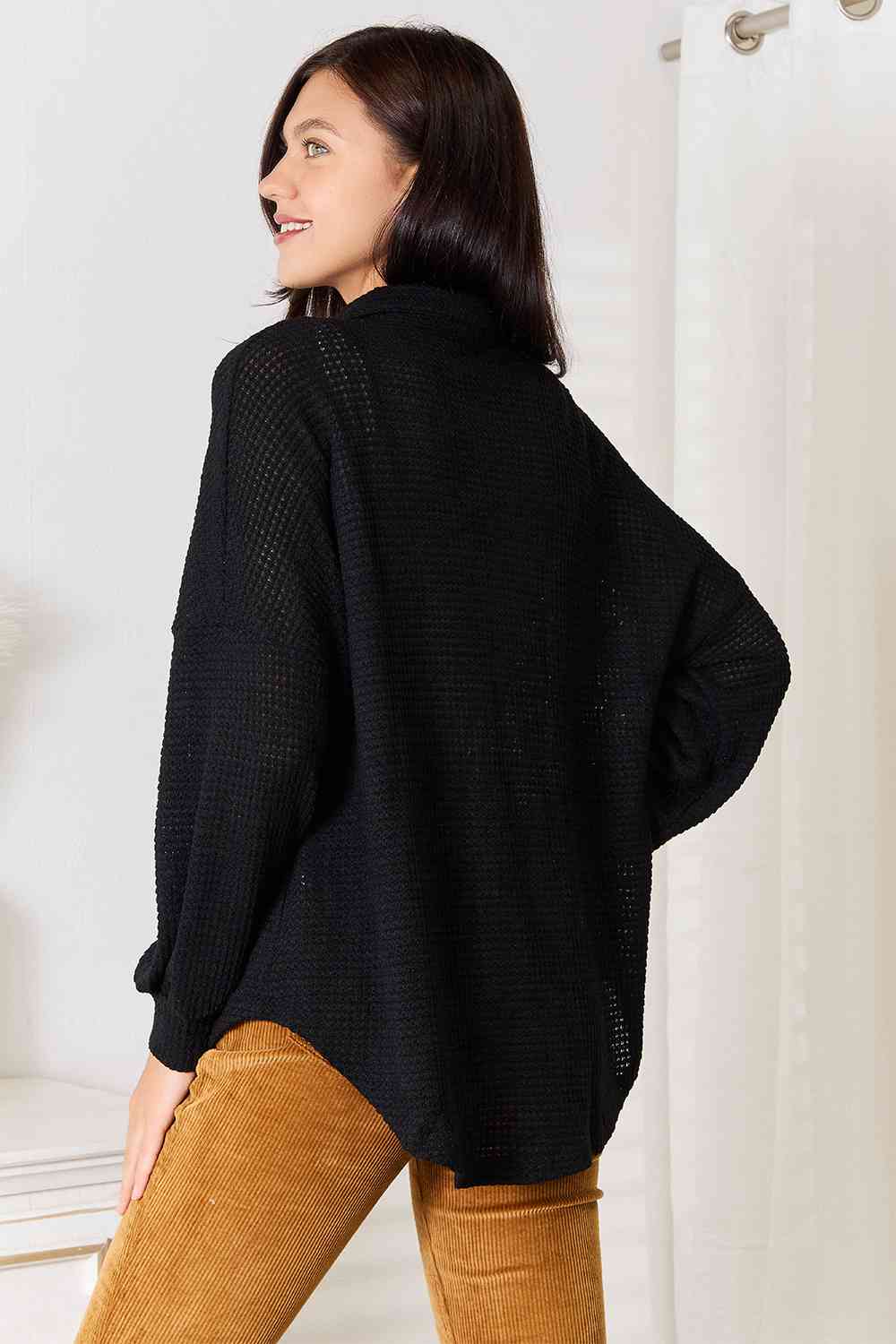 Double Take Waffle - Knit Collared Neck Dropped Shoulder Shirt - Blouse - Black - Bella Bourget