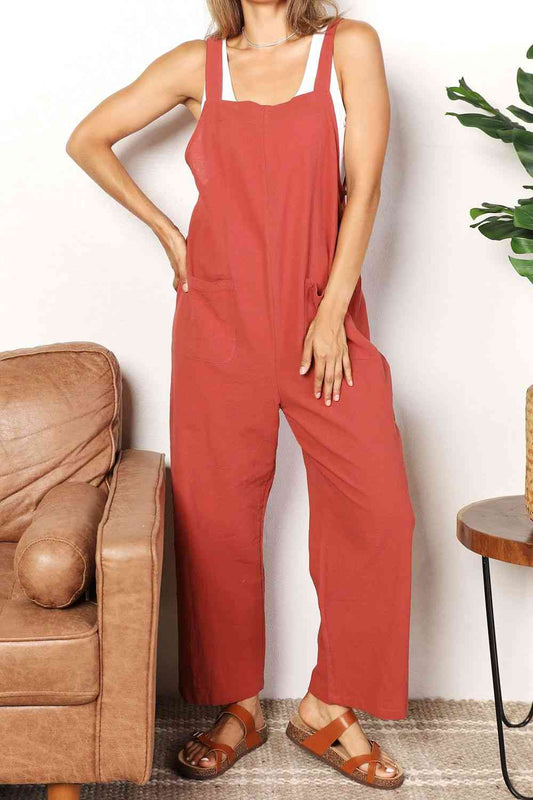 Double Take Wide Leg Overalls with Front Pockets - TikTok - Red Orange - Bella Bourget