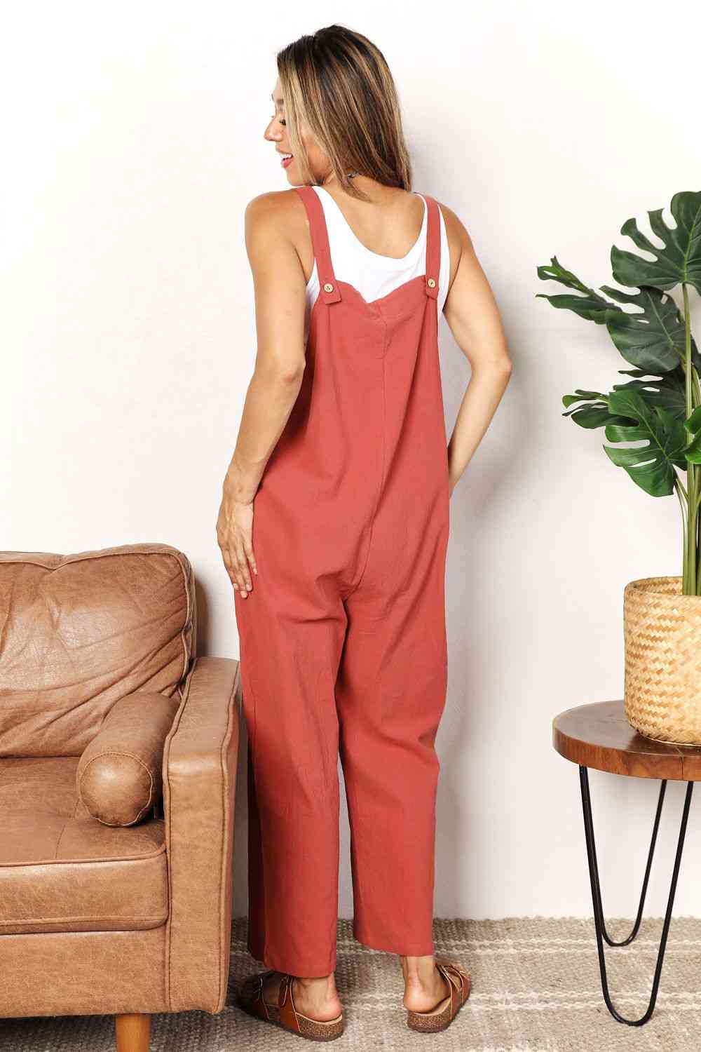 Double Take Wide Leg Overalls with Front Pockets - TikTok - Red Orange - Bella Bourget