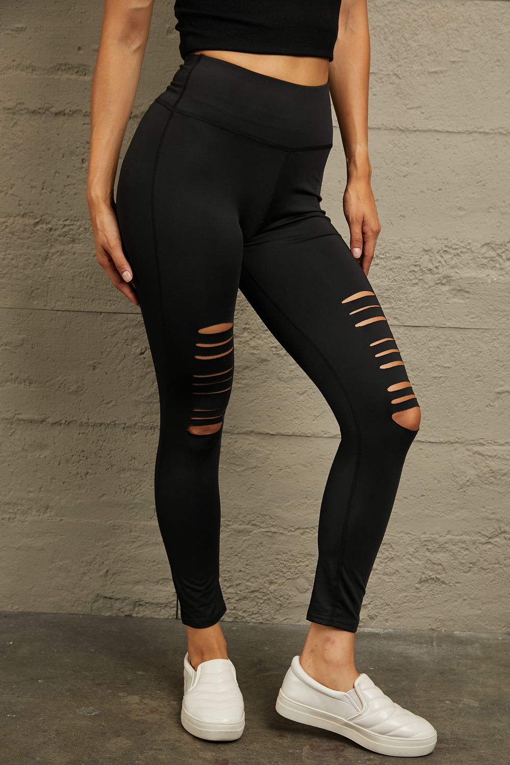 Double Take Wide Waistband Distressed Knee Slim Fit Leggings in black - Leggings - Black - Bella Bourget